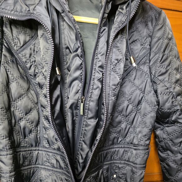 Laundry By Shelli Segal Quilted Jacket Coat Size Medium Navy Belted Hood Zip - Picture 13 of 16
